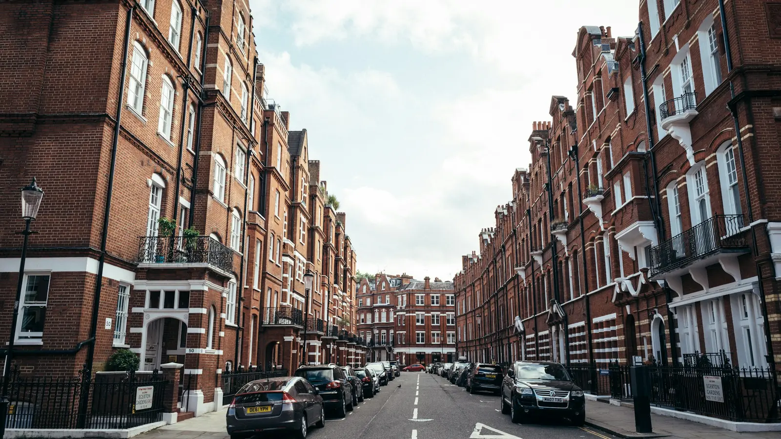 A London street of red-brick mansion blocks