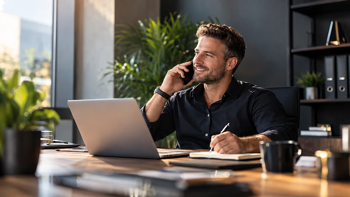 A broker on the phone with a client