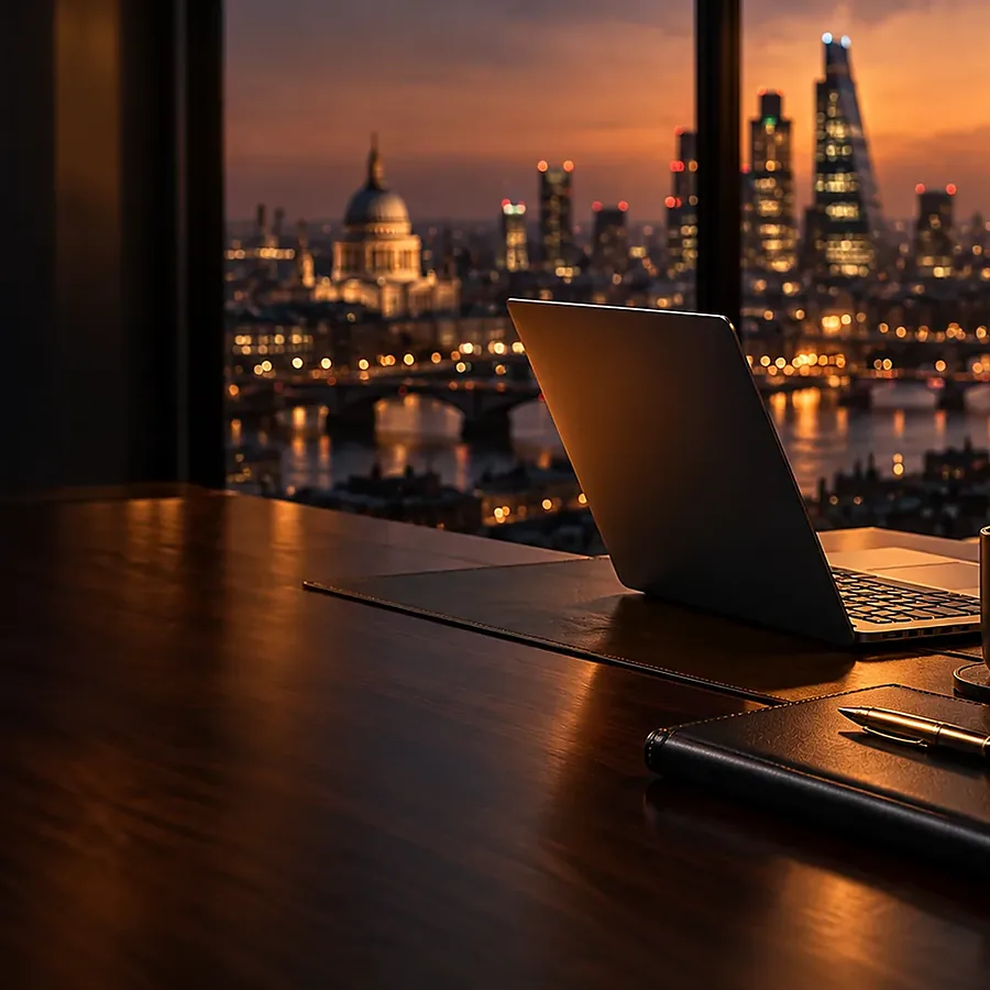 A quiet office desk with a laptop, looking out over the city at dusk